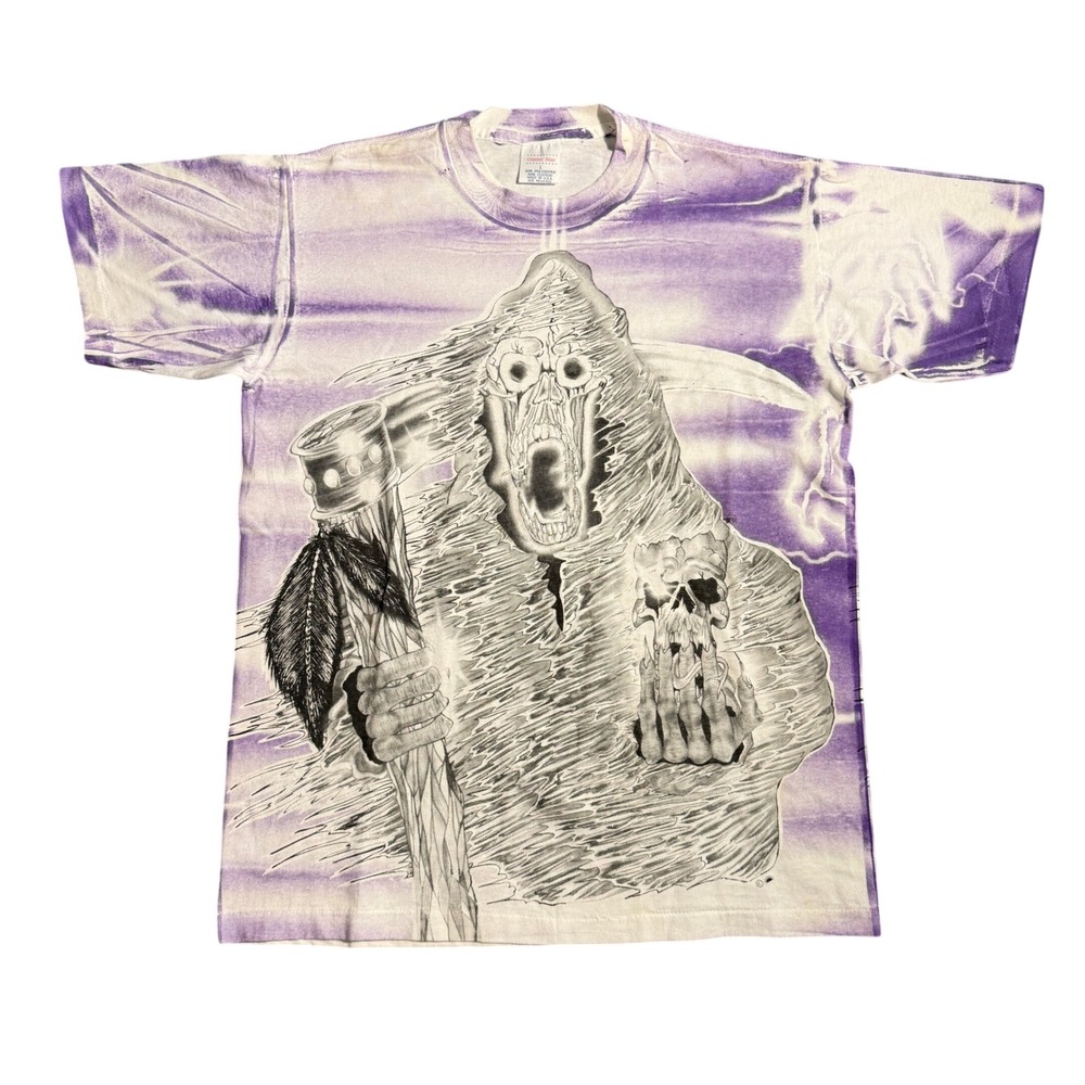 Vintage 90s Grim Reaper All Over Print T-Shirt Purple M/Large USA